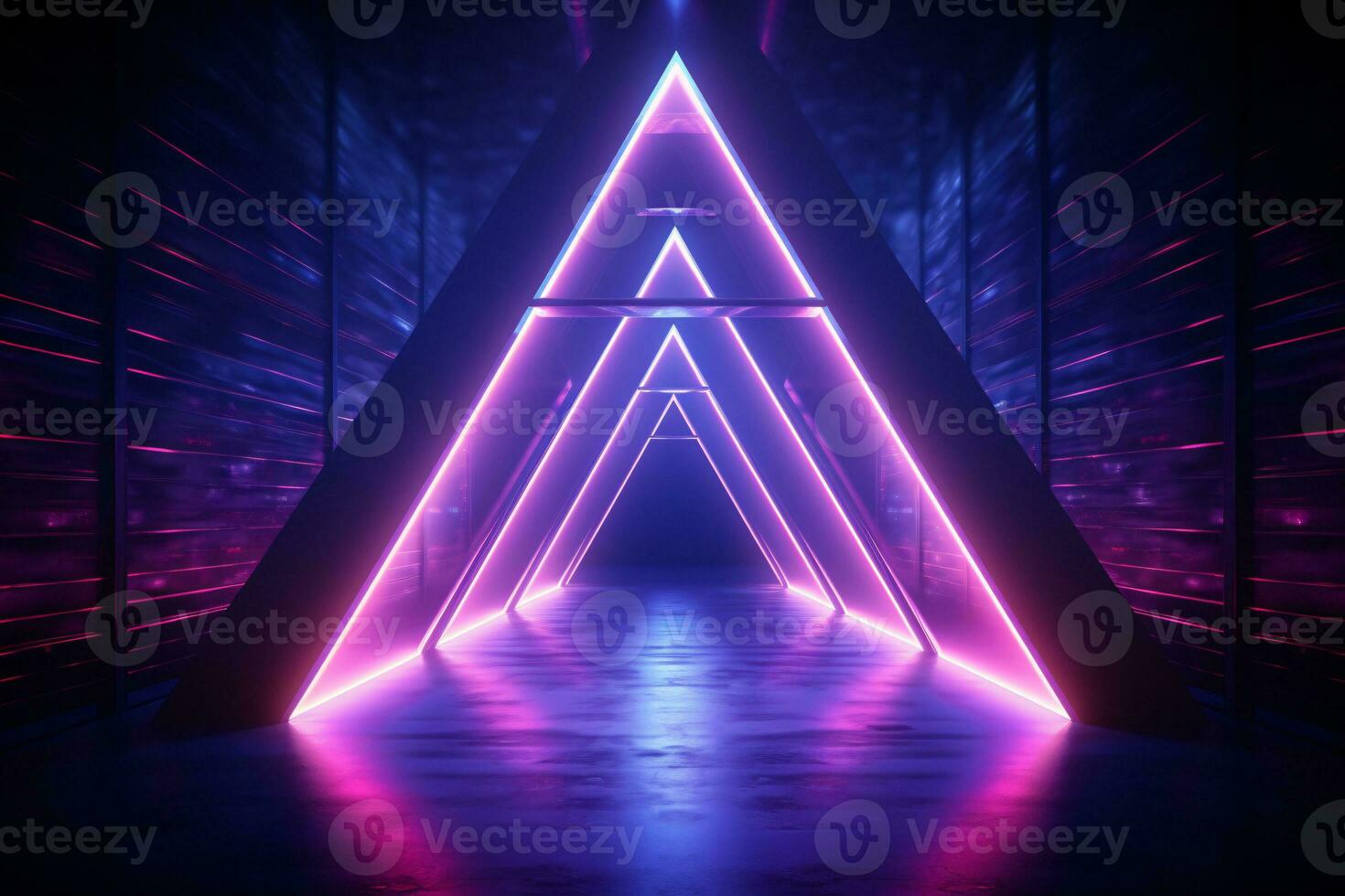 Neon light abstract background. Triangle tunnel or corridor violet neon glowing lights. Laser lines and LED technology create glow in dark room. Cyber club neon light stage room. Generative AI. photo