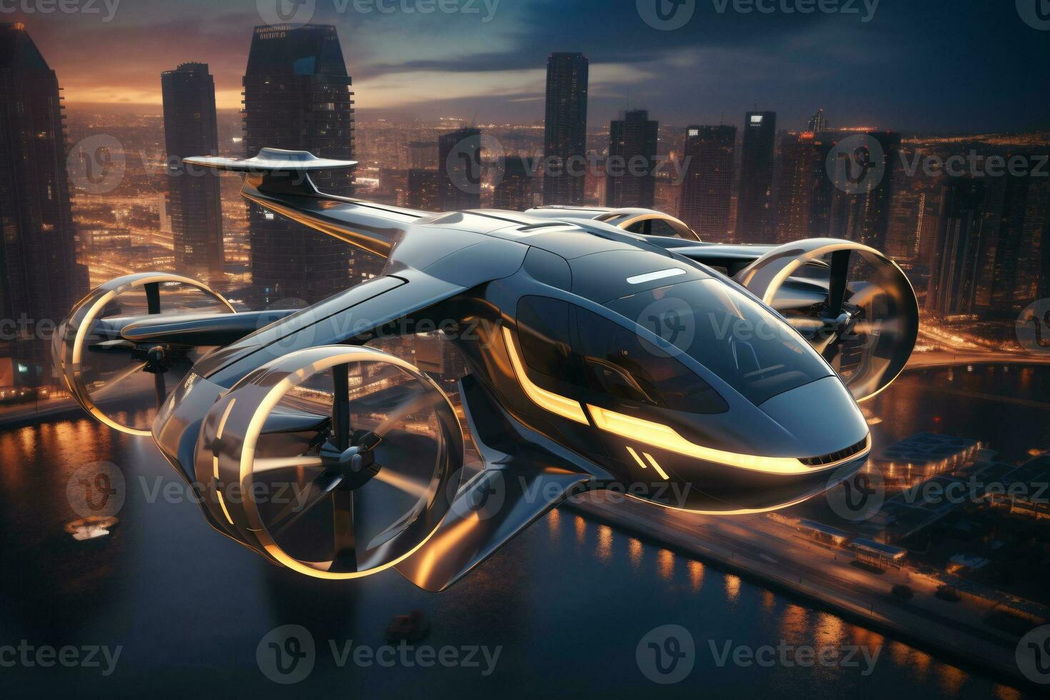 Air taxi and city view at night. Air vehicle. Personal air transport. Autonomous aerial taxi. Flying car. Urban aviation. Futuristic technology. Electric VTOL passenger aircraft. Generative AI. photo