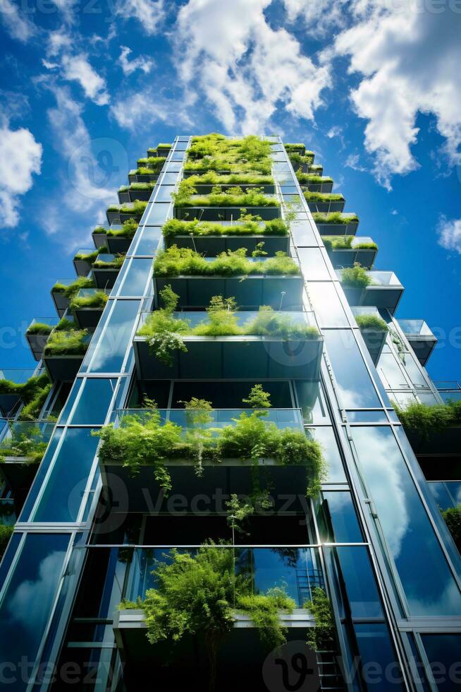 Eco-friendly building in the modern city. Sustainable glass office building with tree for reducing carbon dioxide. Office building with green environment. Corporate building reduce CO2. Generative AI photo