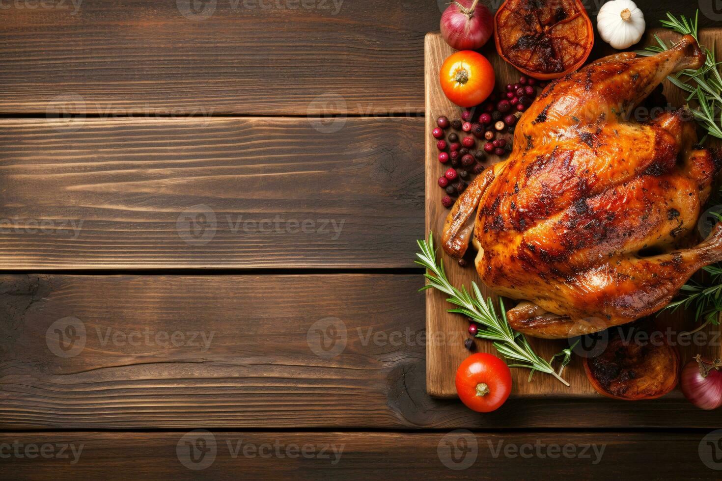 Top view Thanksgiving turkey on rustic wooden table. Thanksgiving day or Christmas background. Thanksgiving dinner with whole roasted chicken. Traditional autumn holiday food concept. Generative AI. photo