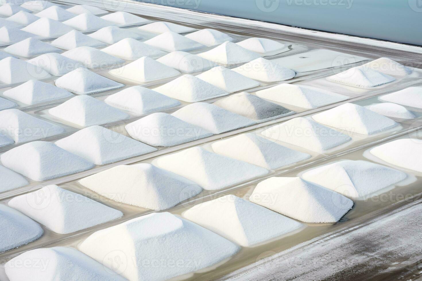 Sea salt farm. Pile of white salt. Raw material of salt industrial. Sodium Chloride mineral. Evaporation and crystallization of sea water. White salt harvesting. Agriculture industry. Generative AI photo