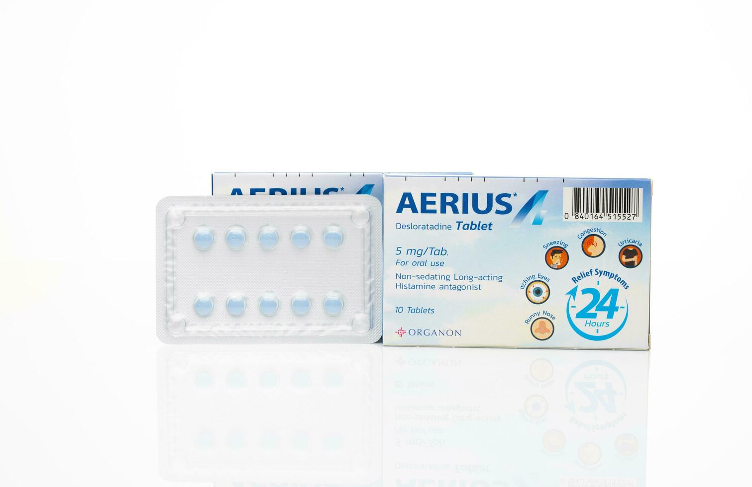 CHONBURI, THAILAND-MAY 3, 2023 Aerius with packaging on white. Desloratadine tablets pill. Product of Organon. Antihistamine medicine for relieve allergic rhinitis and urticaria. Prescription drugs. photo