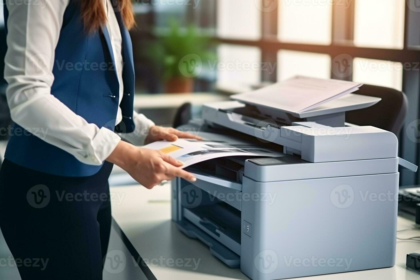 Office worker print paper on multifunction laser printer. Document and paperwork. Secretary work. Woman working in business office. Copy, print, scan, and fax machine. Print technology. Generative AI. photo