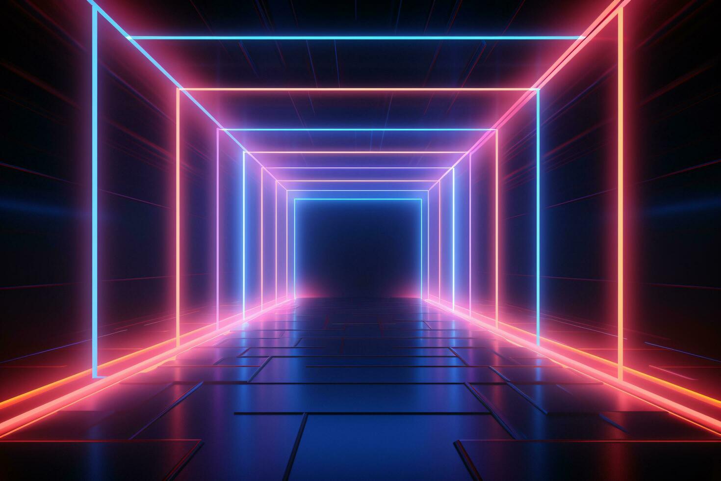 Abstract neon light geometric background. Glowing neon lines. Tunnel or corridor neon light design. Rectangular laser lines. Night club empty room. Stage laser show. LED technology. Generative AI. photo
