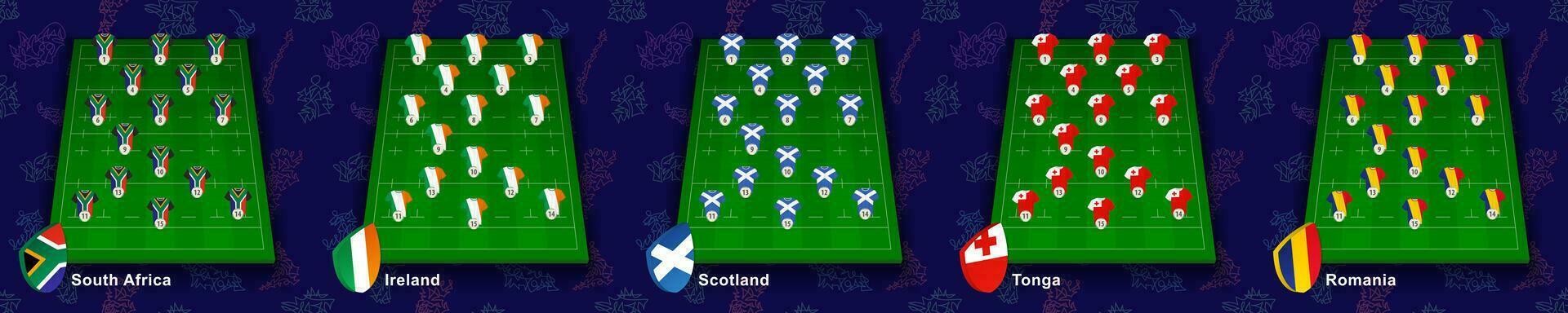 Rugby team on the rugby field, pool B participants New Zealand, France, Italy, Uruguay, Namibia. vector
