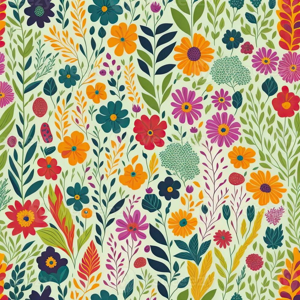 Seamless pattern with flowers and leaves. Floral background. photo