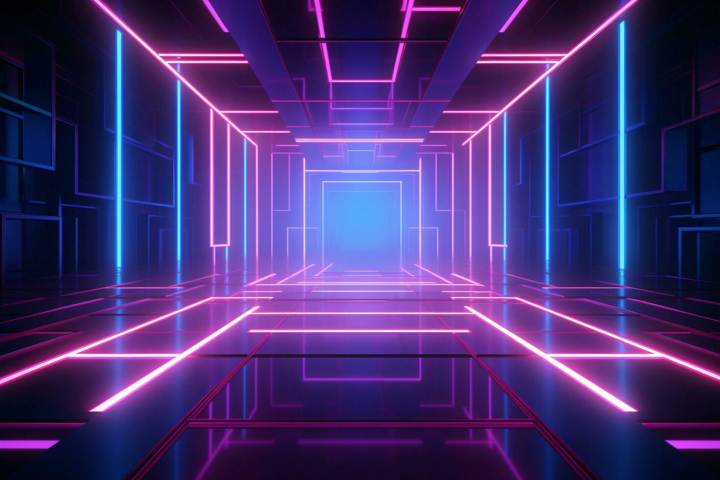 Abstract blue pink neon light background. Glowing neon lines. Geometric tunnel portal neon light. Rectangular laser lines. Night club room interior. Stage laser show. LED technology. Generative AI. photo