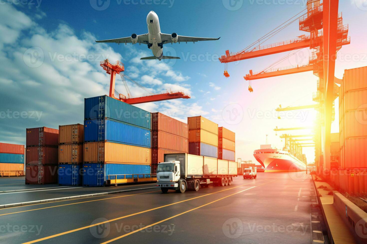 Global business logistic and transportation import export goods. Container cargo freight ship at international port. Cargo plane flying above truck shipping container. Logistic industry. Generative AI photo