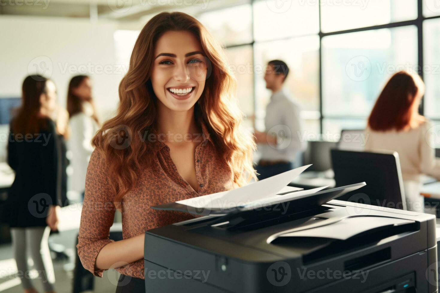 Office worker prints paper on multifunction laser printer. Document and paperwork concept. Secretary work. Smiling woman working in business office. Copy, print, scan, and fax machine. Generative AI. photo