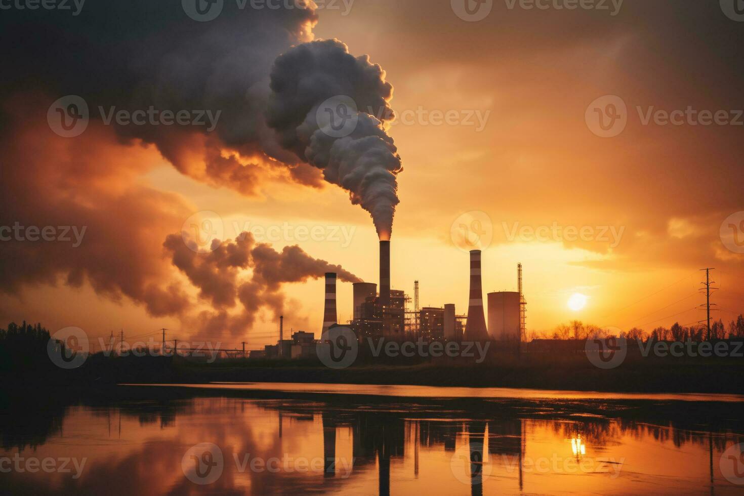 industrial fábrica alto chimeneas liberado ahumado emisiones desde fumar tubería. co2 invernadero gas, deteriorando aire calidad, aire contaminación, y clima cambiar. carbón dióxido gas. generativo ai. foto