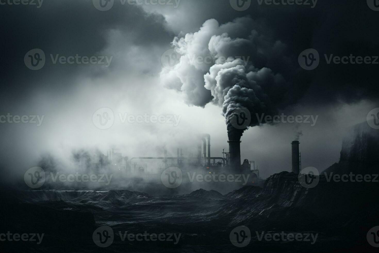 Industrial factory tall smokestacks released smoky emissions from smoke pipes. CO2 greenhouse gas, deteriorating air quality, air pollution, and climate change. Carbon dioxide gas. Generative AI. photo