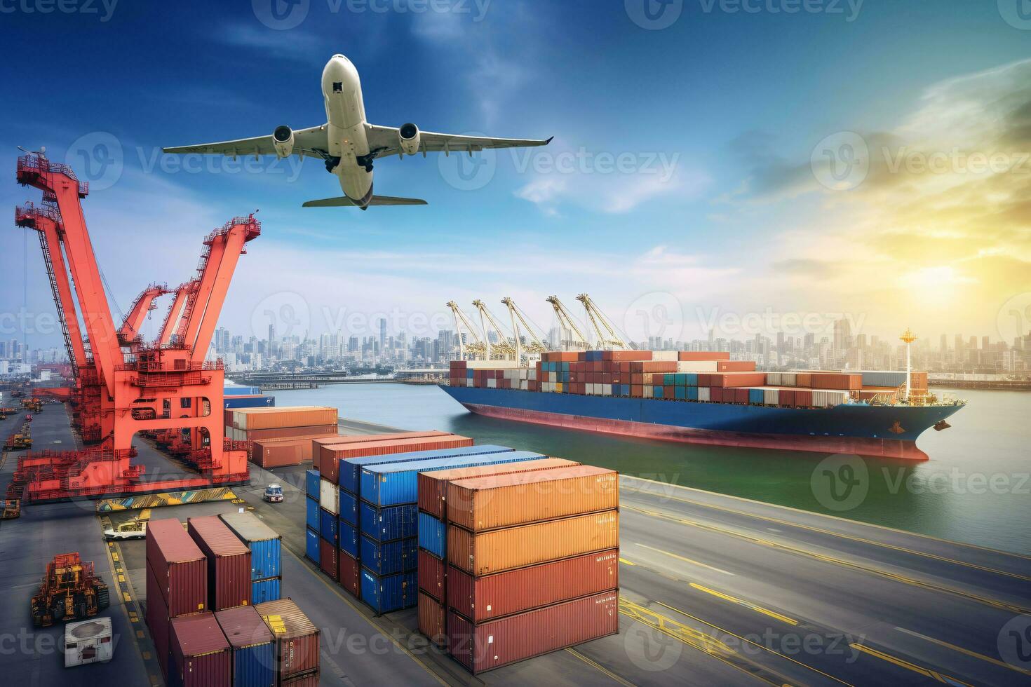 Global business logistic and transportation import export goods. Container cargo freight ship at international port. Cargo plane flying above truck shipping container. Logistic industry. Generative AI photo