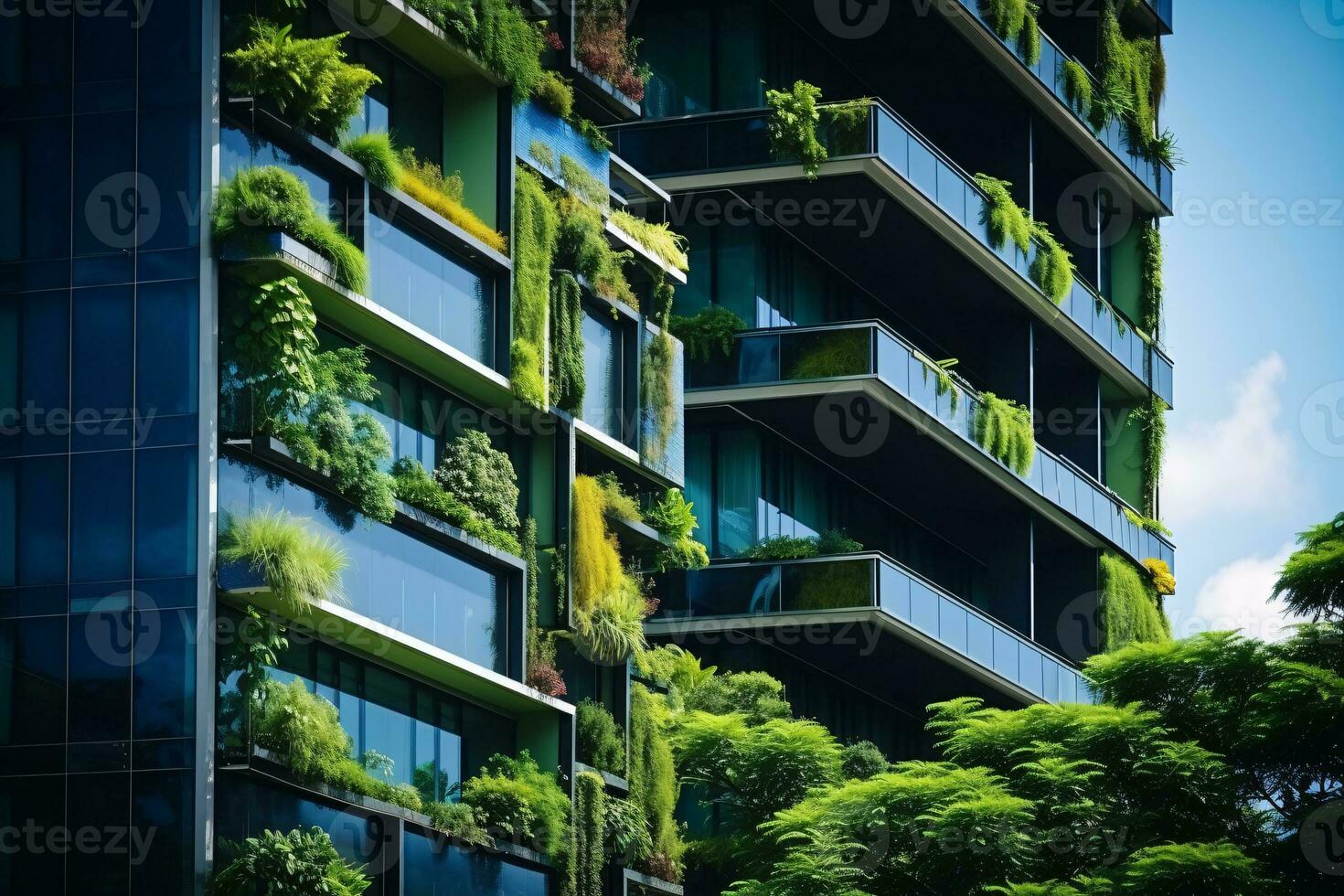 Sustainable green building in modern city. Green architecture. Eco-friendly building. Sustainable residential building with vertical garden reduce CO2. Apartment with green environment. Generative AI. photo