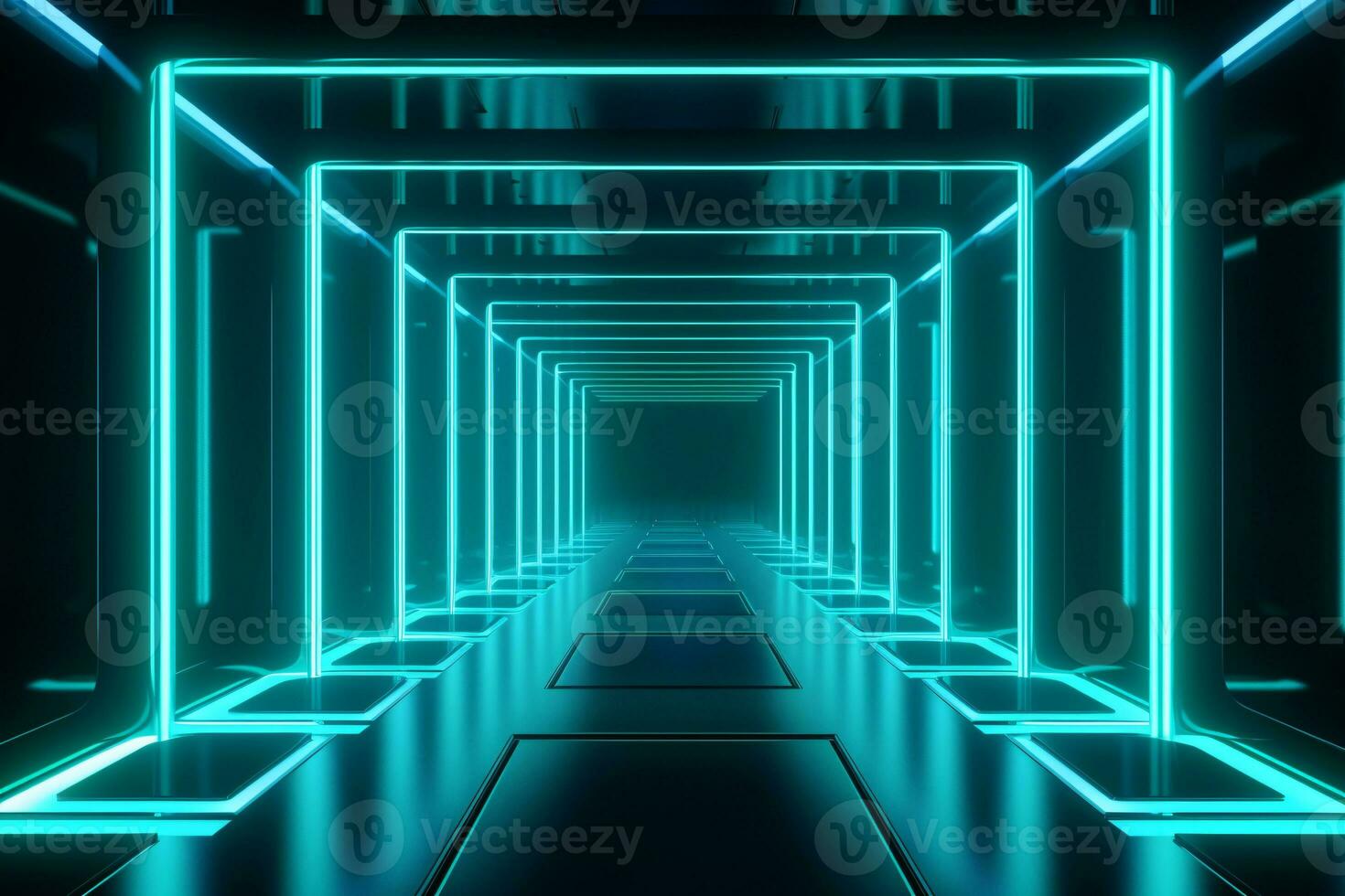 Neon light abstract background. Rectangle tunnel or corridor green blue neon glowing lights. Laser lines and LED technology create glow in dark room. Cyber club neon light stage room. Generative AI. photo