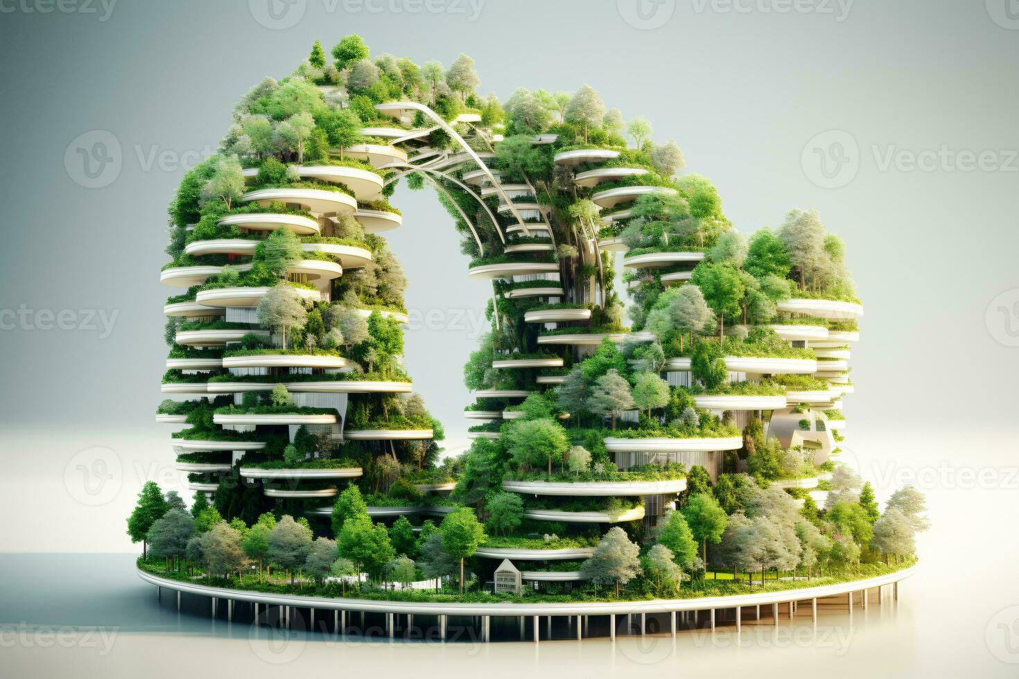 Sustainable green building project model isolated on white. Futuristic building. Green architecture. Eco-friendly building. Sustainable building with vertical garden reduce CO2. Generative AI. photo