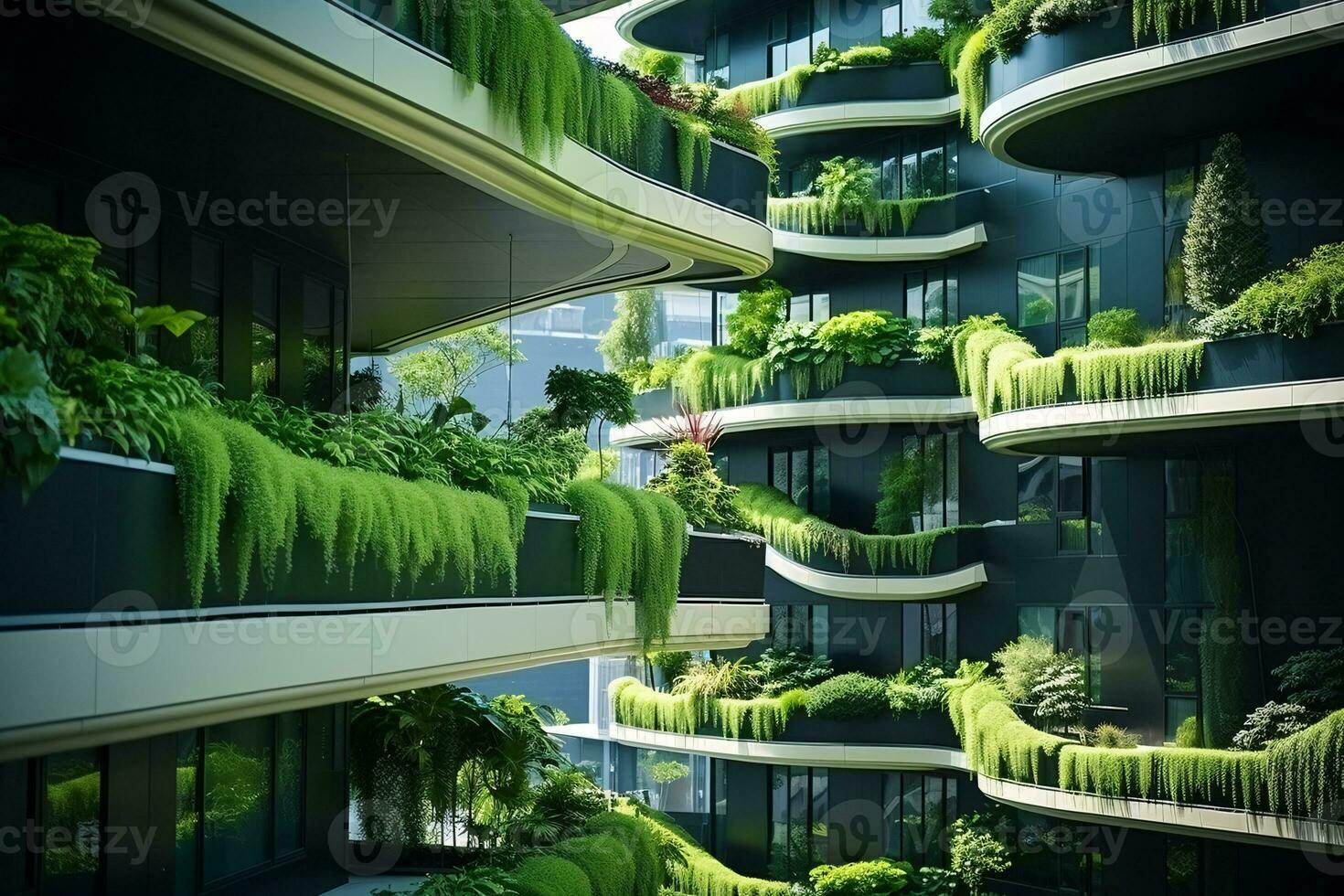 Sustainable green building in modern city. Green architecture. Eco-friendly building. Sustainable residential building with vertical garden reduce CO2. Apartment with green environment. Generative AI. photo