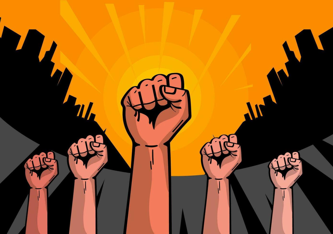 Hands and fists of people of different nationalities and races raised in the air. Protest and strike. Fighting for their rights. Men and women express dissatisfaction and defend their position vector