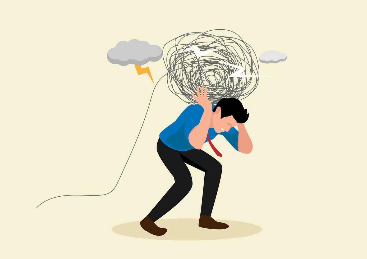 Stress burden, anxiety from work difficulty and overload, problem in economic crisis or pressure from too much responsibility concept, tried exhausted businessman carrying heavy messy line on his back vector