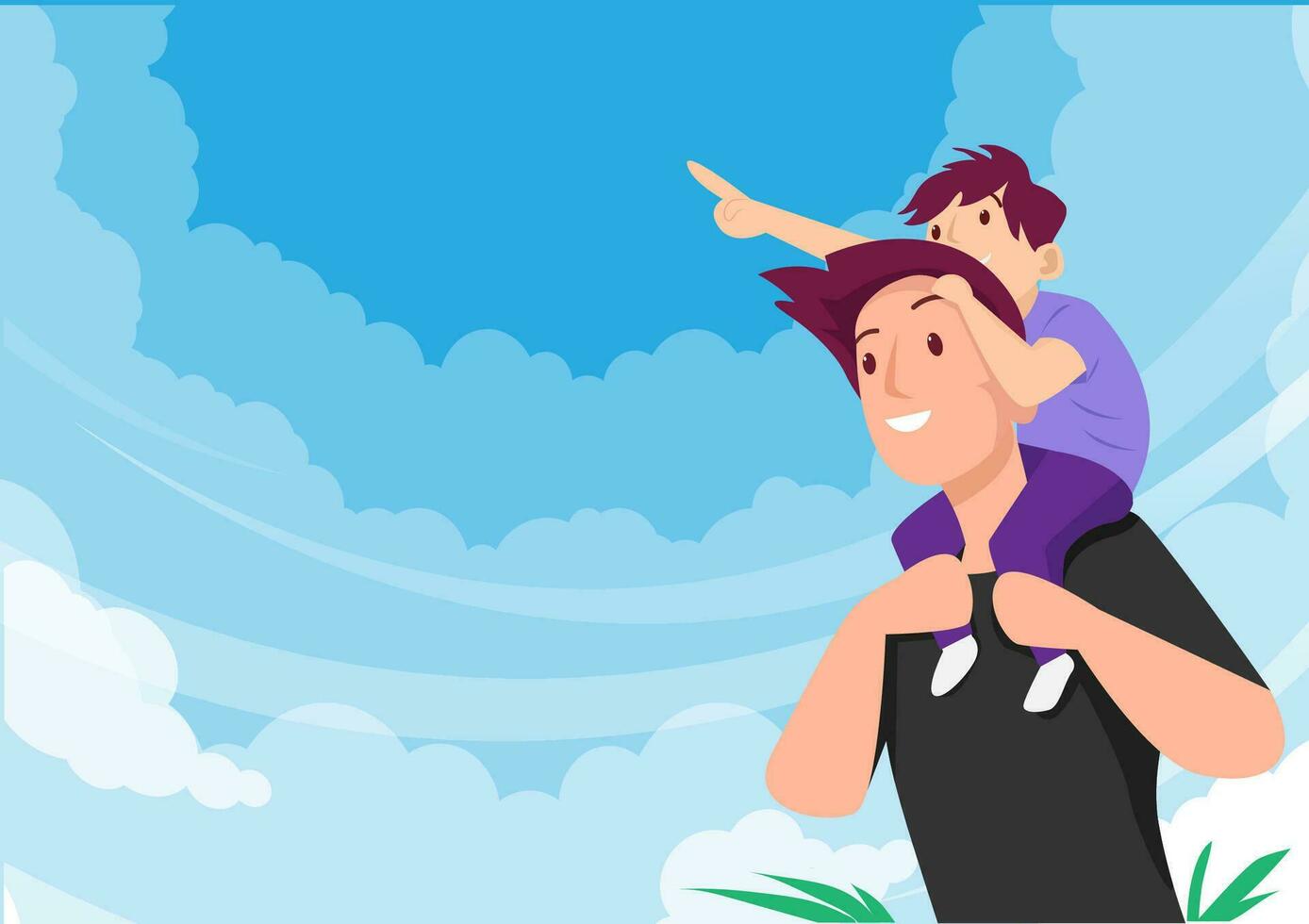 The father carries his son on his shoulders. Happy Father's Day greeting card icon in flat style. Vector cartoon illustration for cards, posters, banners, postcards, brochures, father's day.