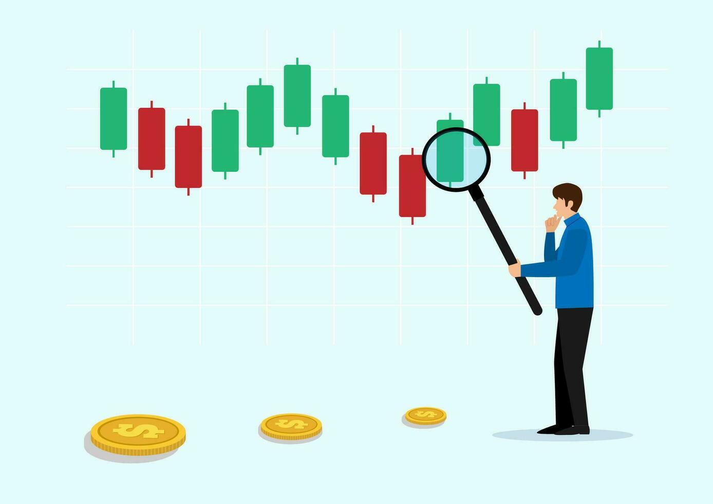 Technical analysis trader to analyze stock market or crypto currency data movement, trend analysis to take profit, buy and sell indicator chart concept, businessman trader magnify candlestick chart. vector