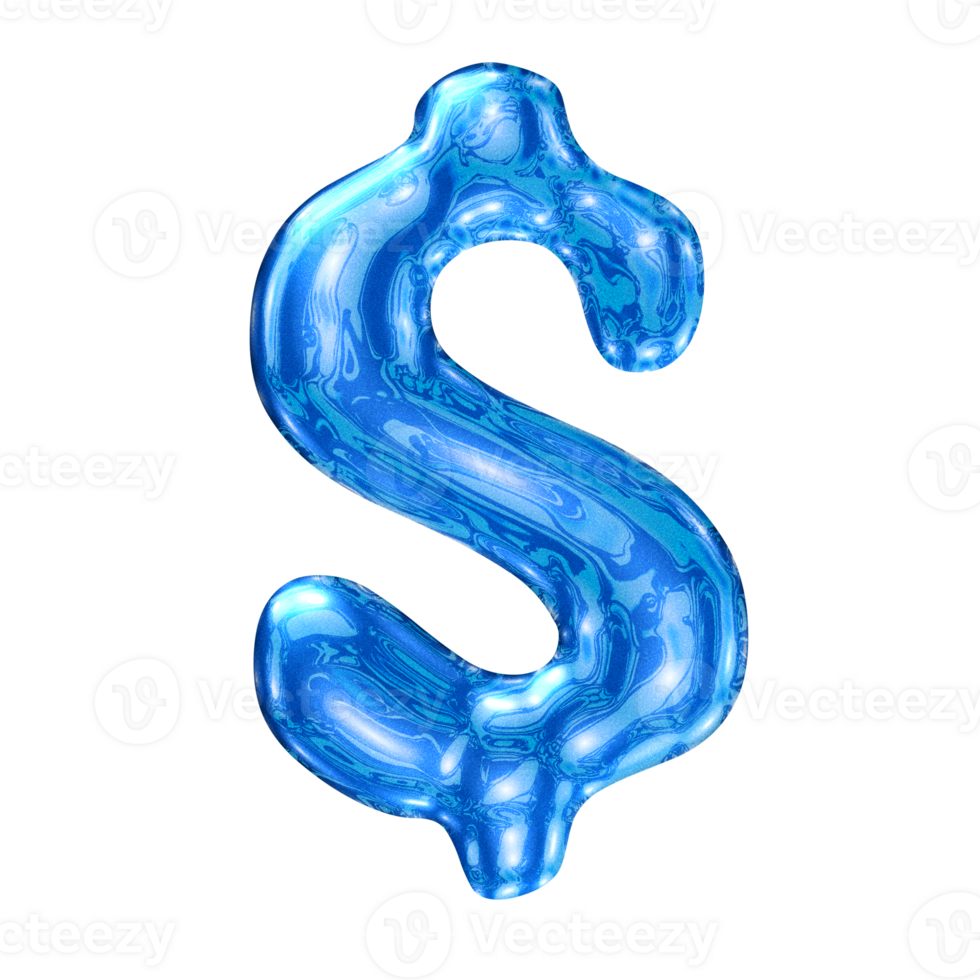 Dollar symbol alphabet with y2k liquid sea blue chrome effect png