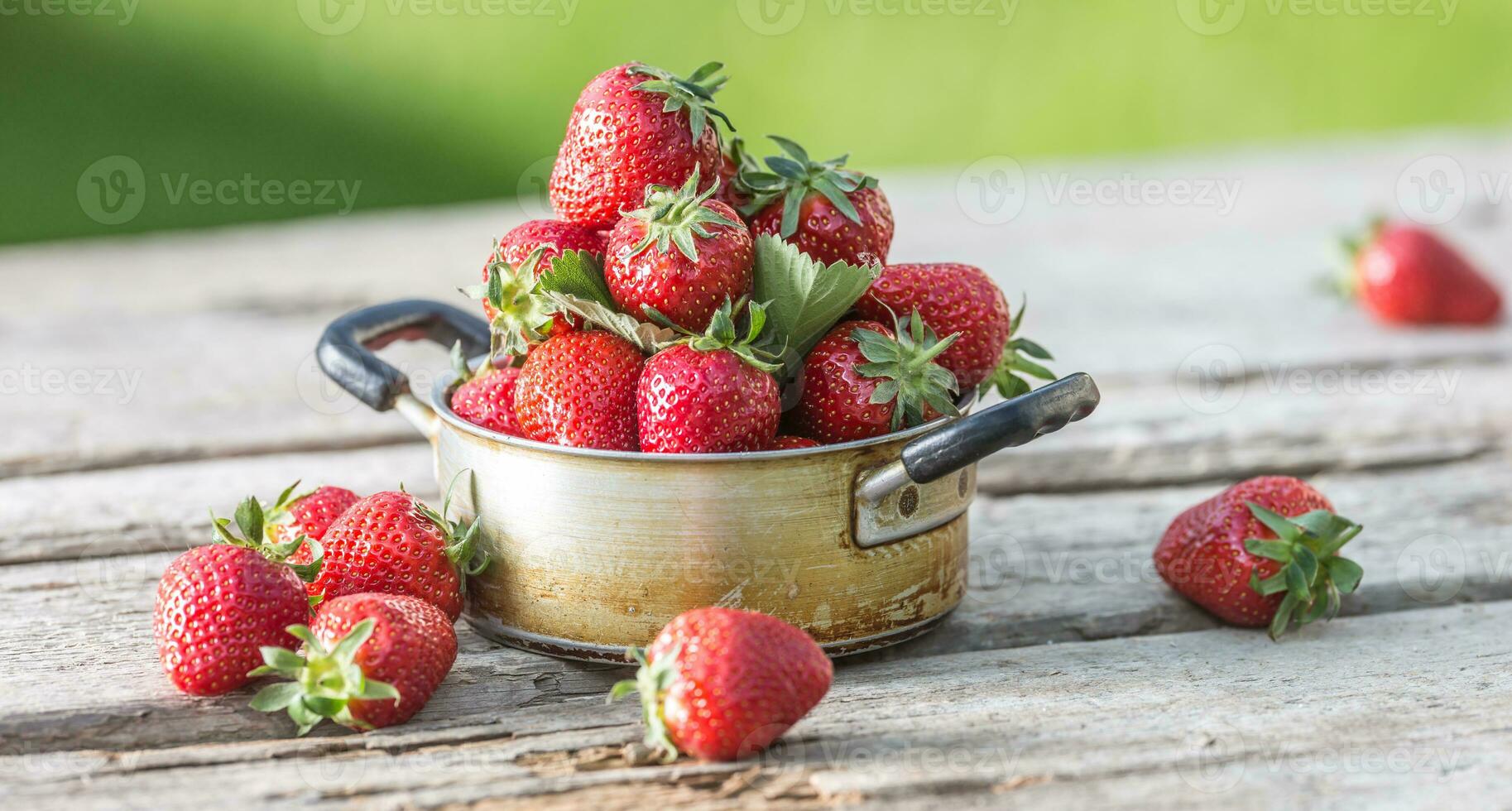 Fresh ripe strawberries in vintage kitchen pot on old garden table photo