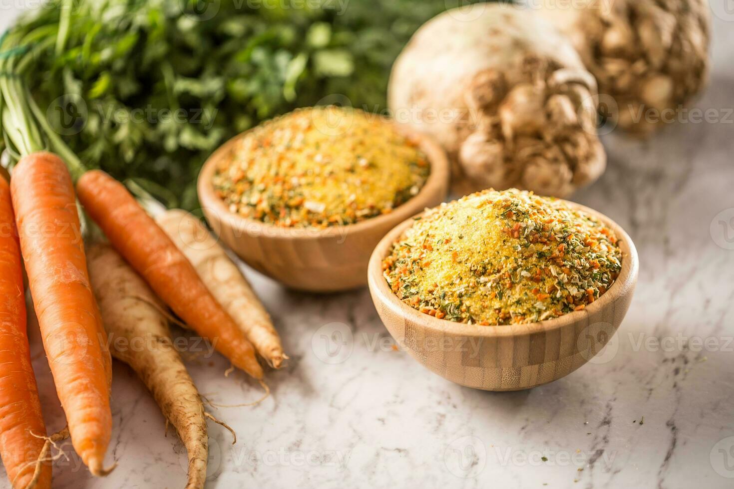 Seasoning spices condiment vegeta from dehydrated carrot parsley celery parsnips and salt with or without glutamate photo