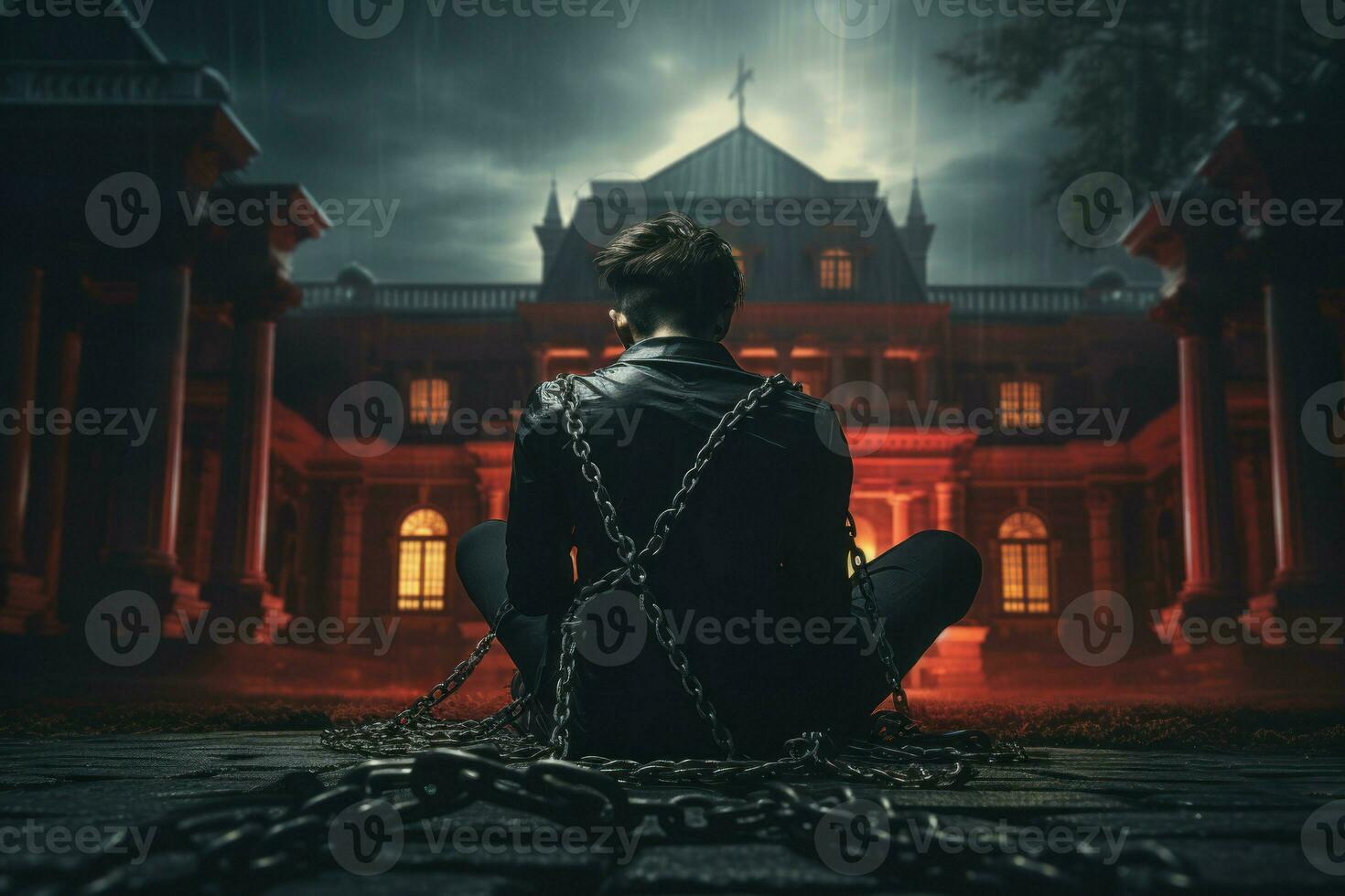 Man chained to red mansion. Generate Ai photo