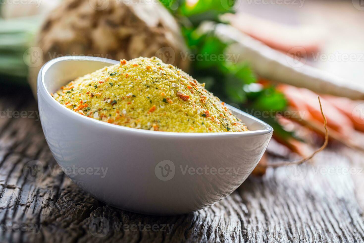 Vegeta seasoning spices condiment with dehydrated carrot parsley celery parsnips and salt with or without glutamate photo