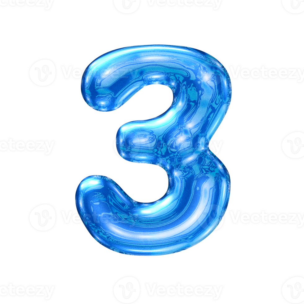 Three 3 number alphabet with y2k liquid sea blue chrome effect png
