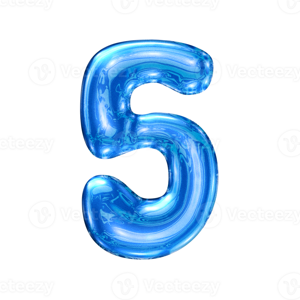 Five 5 number alphabet with y2k liquid sea blue chrome effect png