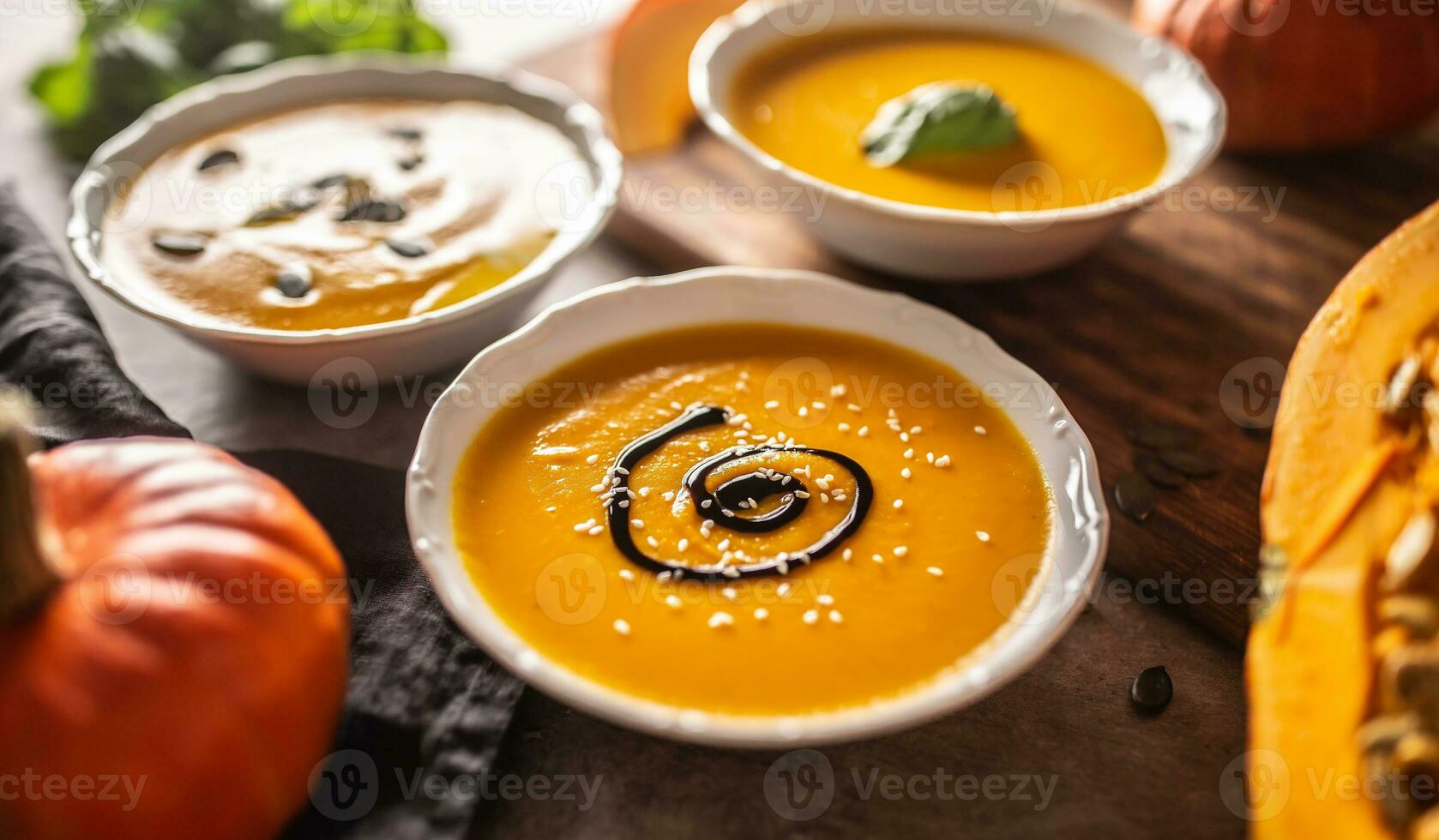 Homemade pumpkin soup in bowles with. Autumn hokkaido soup with balsamic vinegar photo