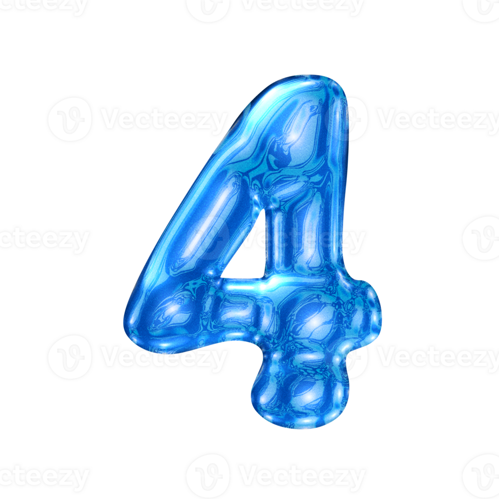 Four 4 number alphabet with y2k liquid sea blue chrome effect png