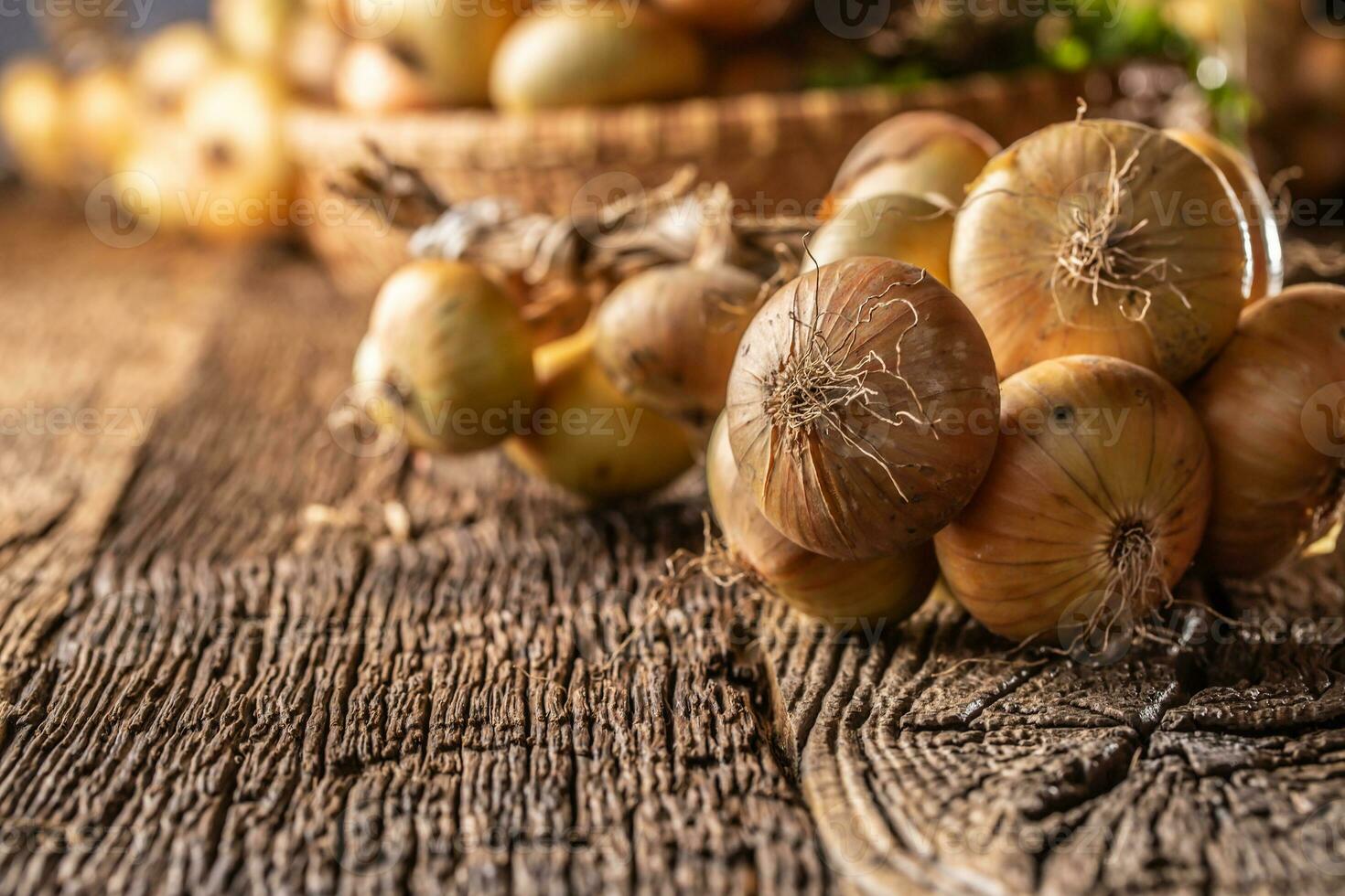 haz de libremente acostado seco cebolla en un de madera mesa foto