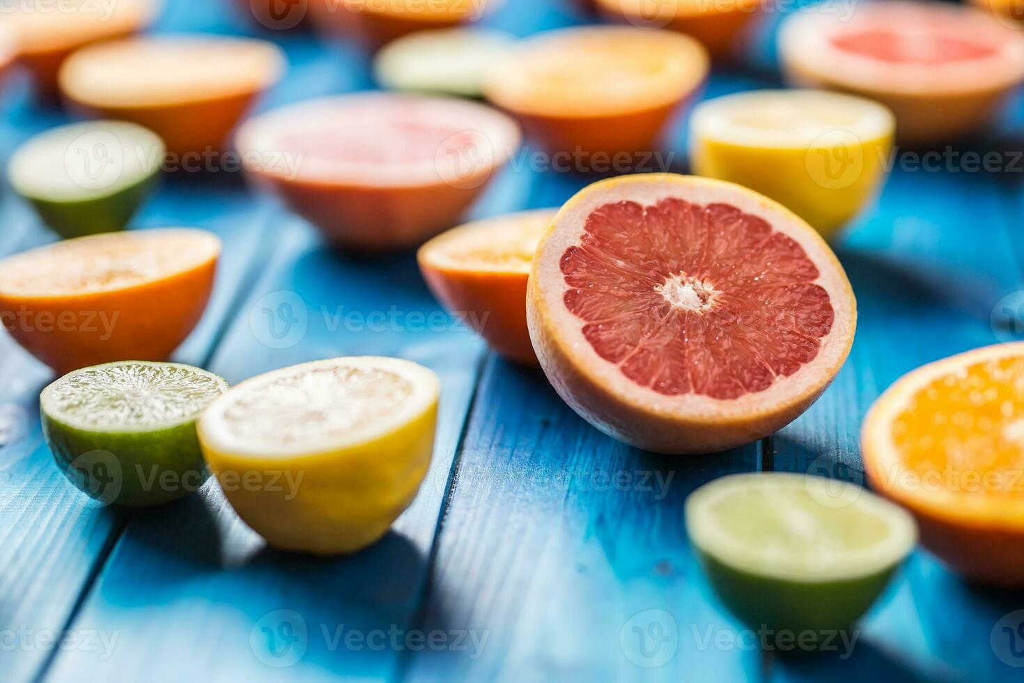 Oranges limet lemon and grapefruit on blue table. photo