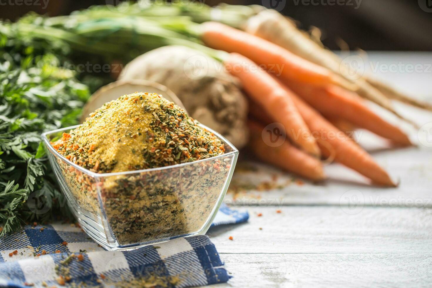 Seasoning spices condiment vegeta from dehydrated carrot parsley celery parsnips and salt with or without glutamate photo