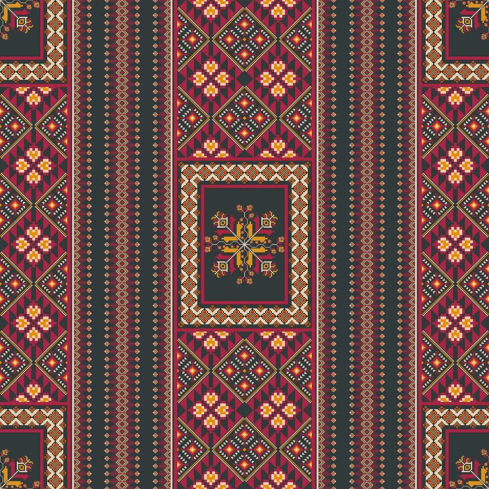 Ethnic embroidery stripes pattern. Ethnic geometric shape seamless pattern colorful vintage pixel art style. Ethnic geometric floral stitch pattern use for textile, carpet, cushion, wallpaper. vector