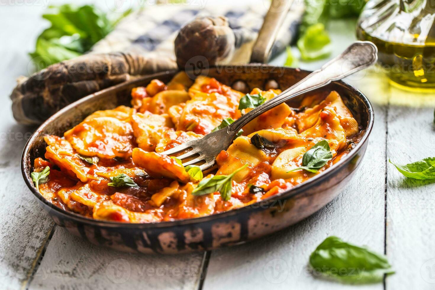 Italian or mediterranean food pasta ravioli of tomato sauce. photo