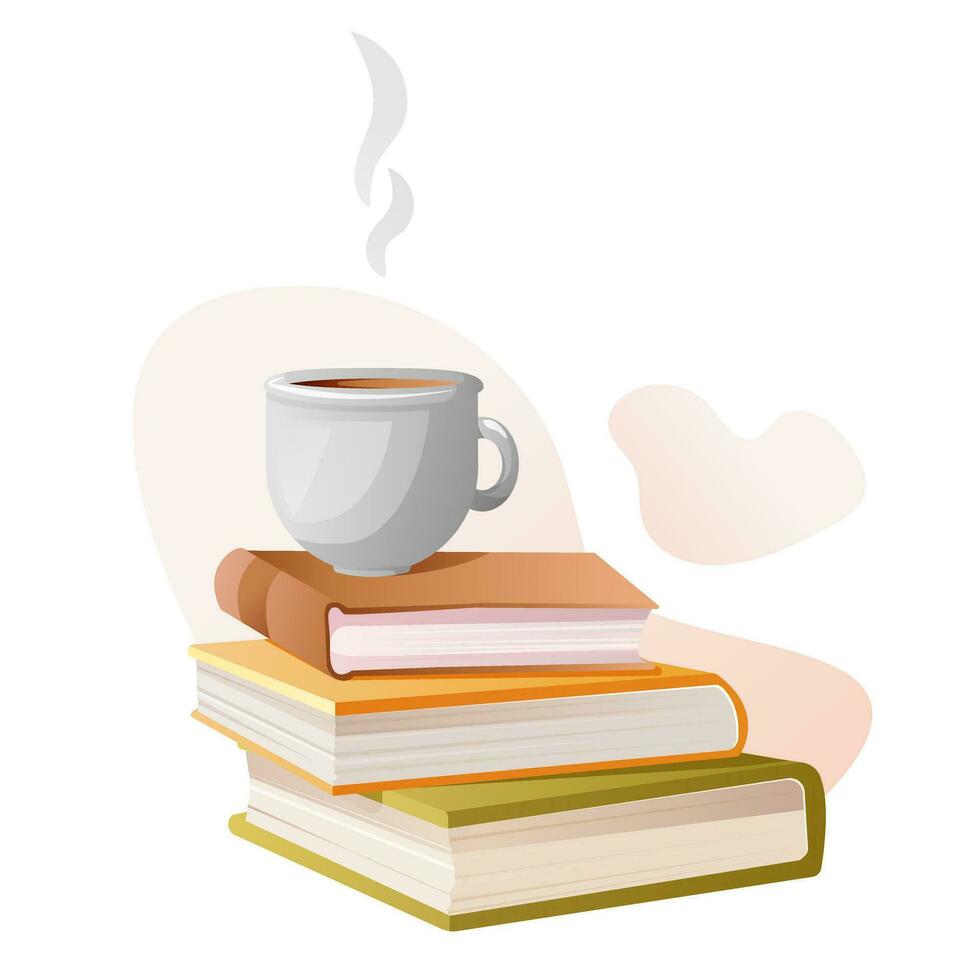 un apilar de libros con taza de té o café. vector otoño ilustración de un taza de caliente té en libros con que cae otoño hojas. acogedor otoño. otoño bandera, imagen, tarjeta postal.