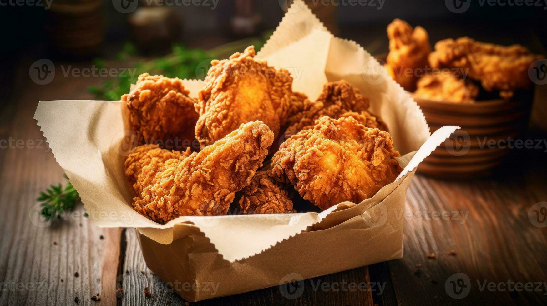 Square paper box filled with grilled crunchy chicken thighs served as a food to go. Generative AI photo