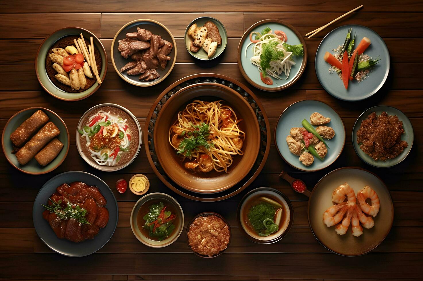 Asian Traditional Dishes on Wooden Table photo