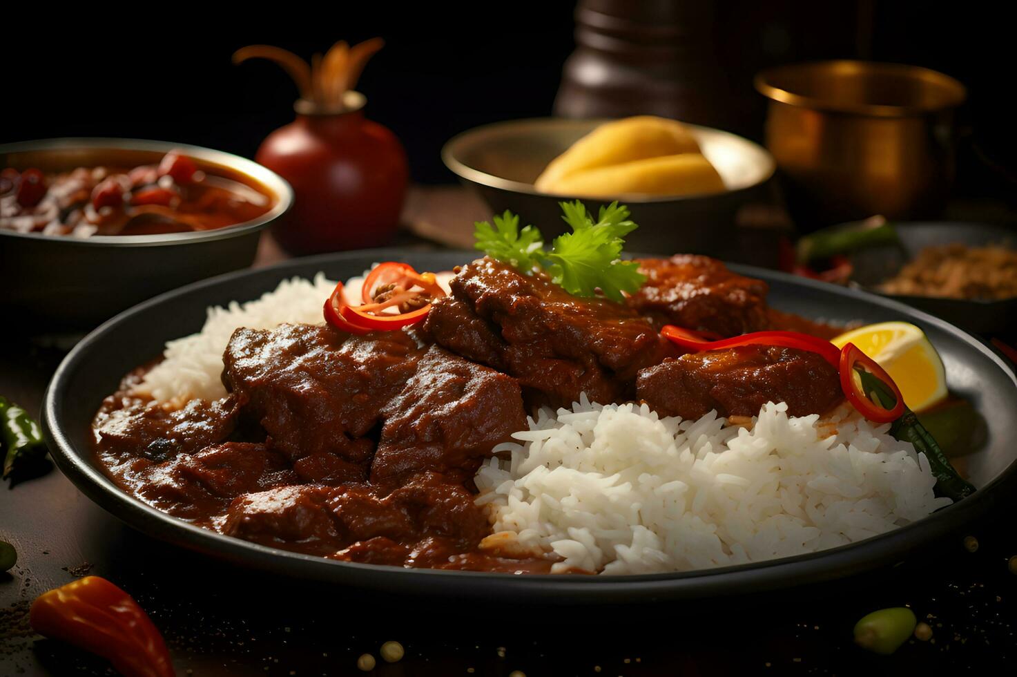 Rendang Padang Cuisine Served With Steaming Rice photo