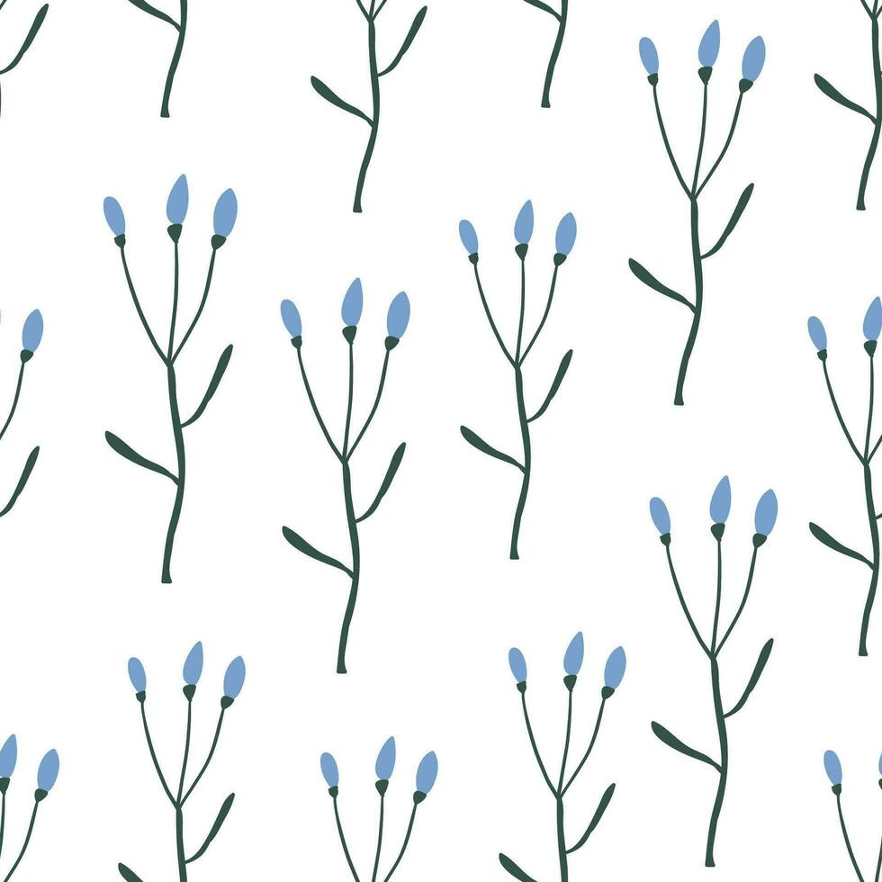 Simple vector pattern with wild plants, simple blue wild flowers pattern on white. Meadow pattern with blue flowers