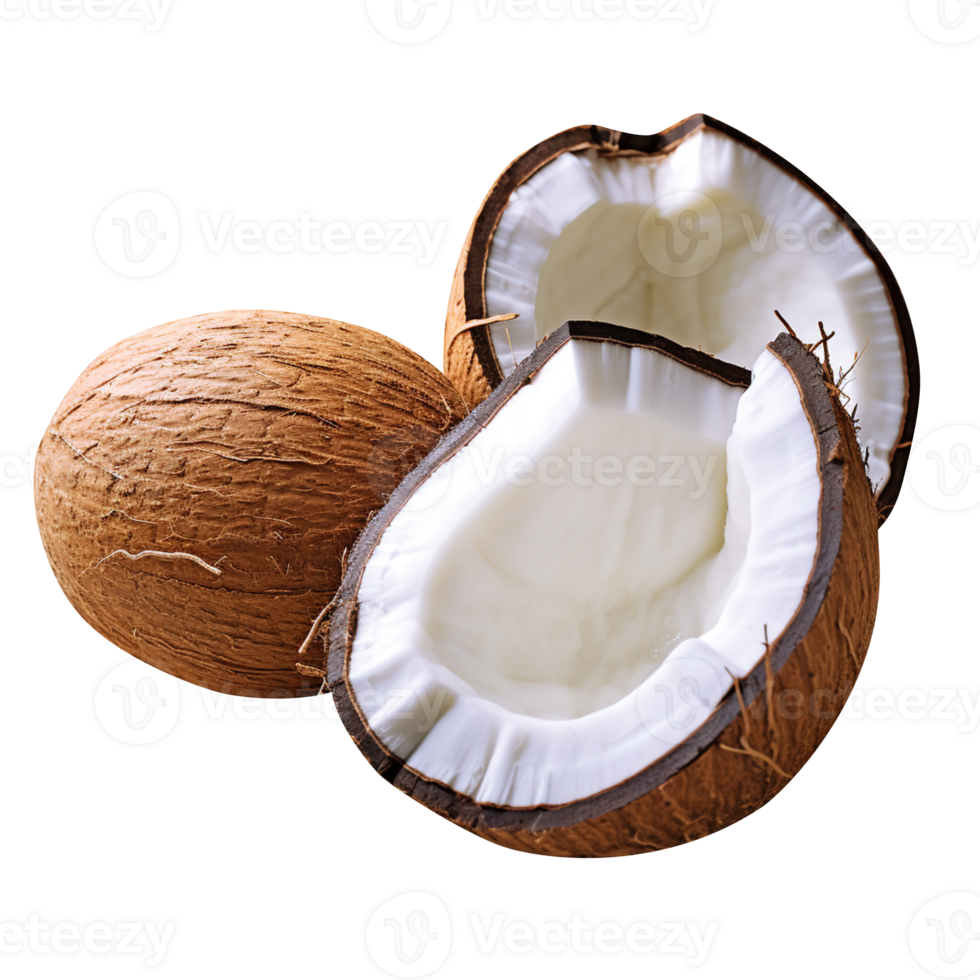 Divisé noix de coco le blanc la chair volonté être râpé et pressé à avoir noix de coco lait. pouvez être utilisé à faire desserts ou nourriture png