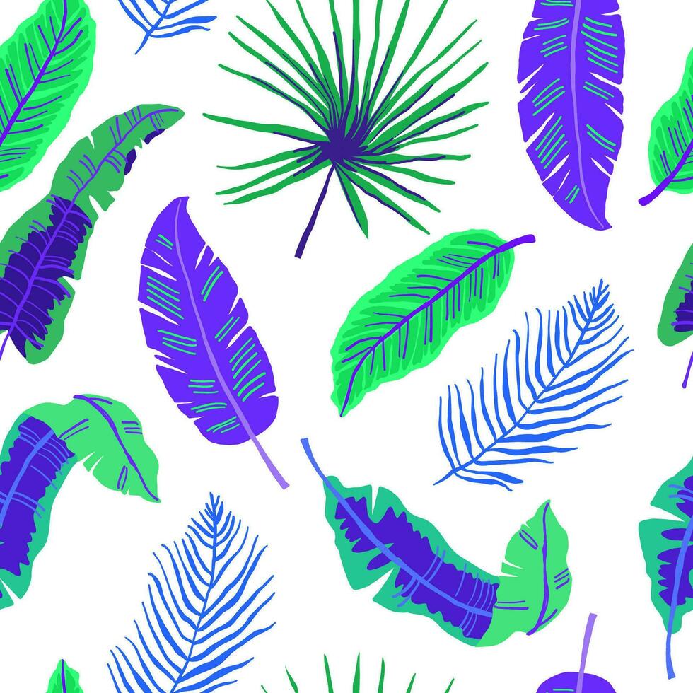Vector seamless pattern with neon tropical leaves on white