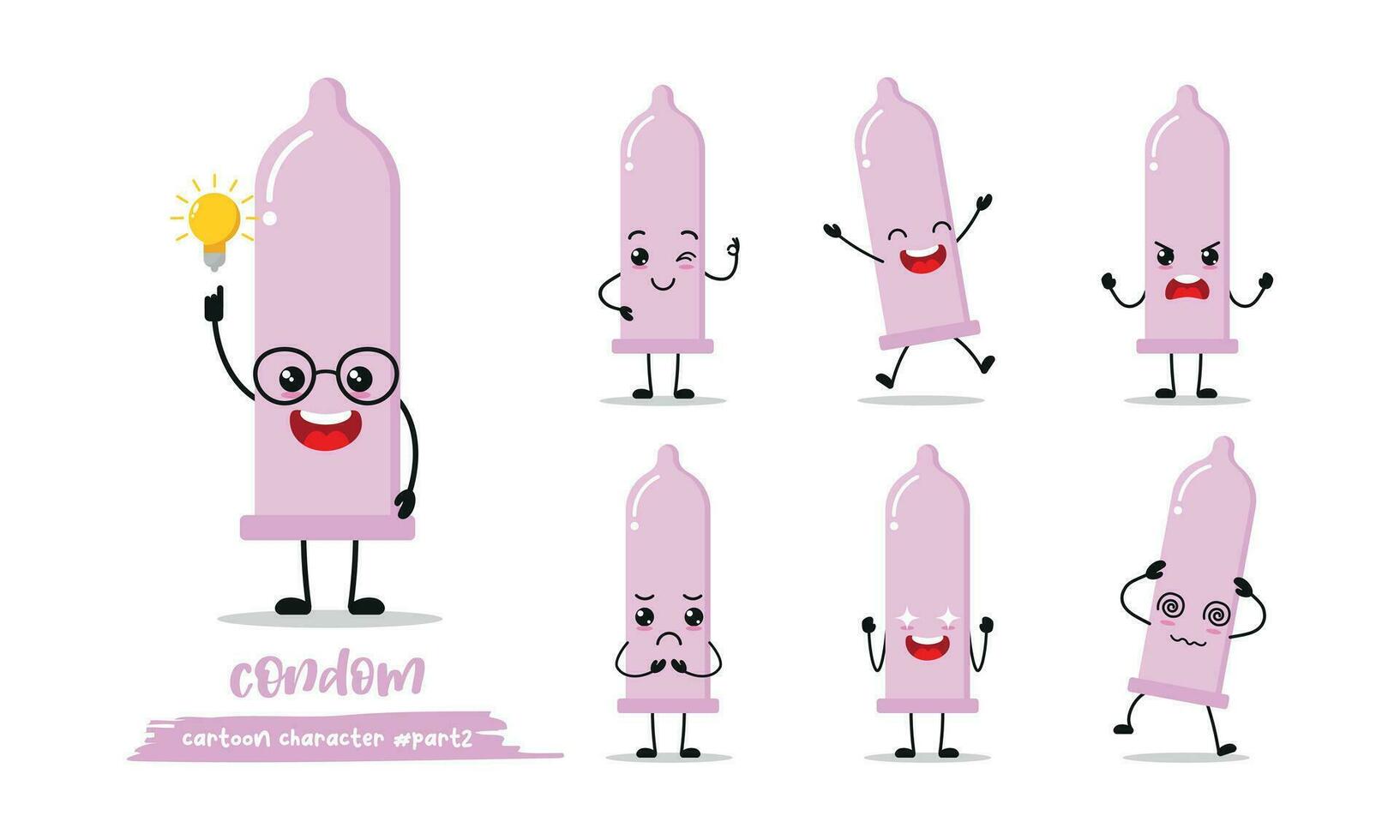 cute condom cartoon with many expressions. contraceptive different activity pose vector illustration flat design set.