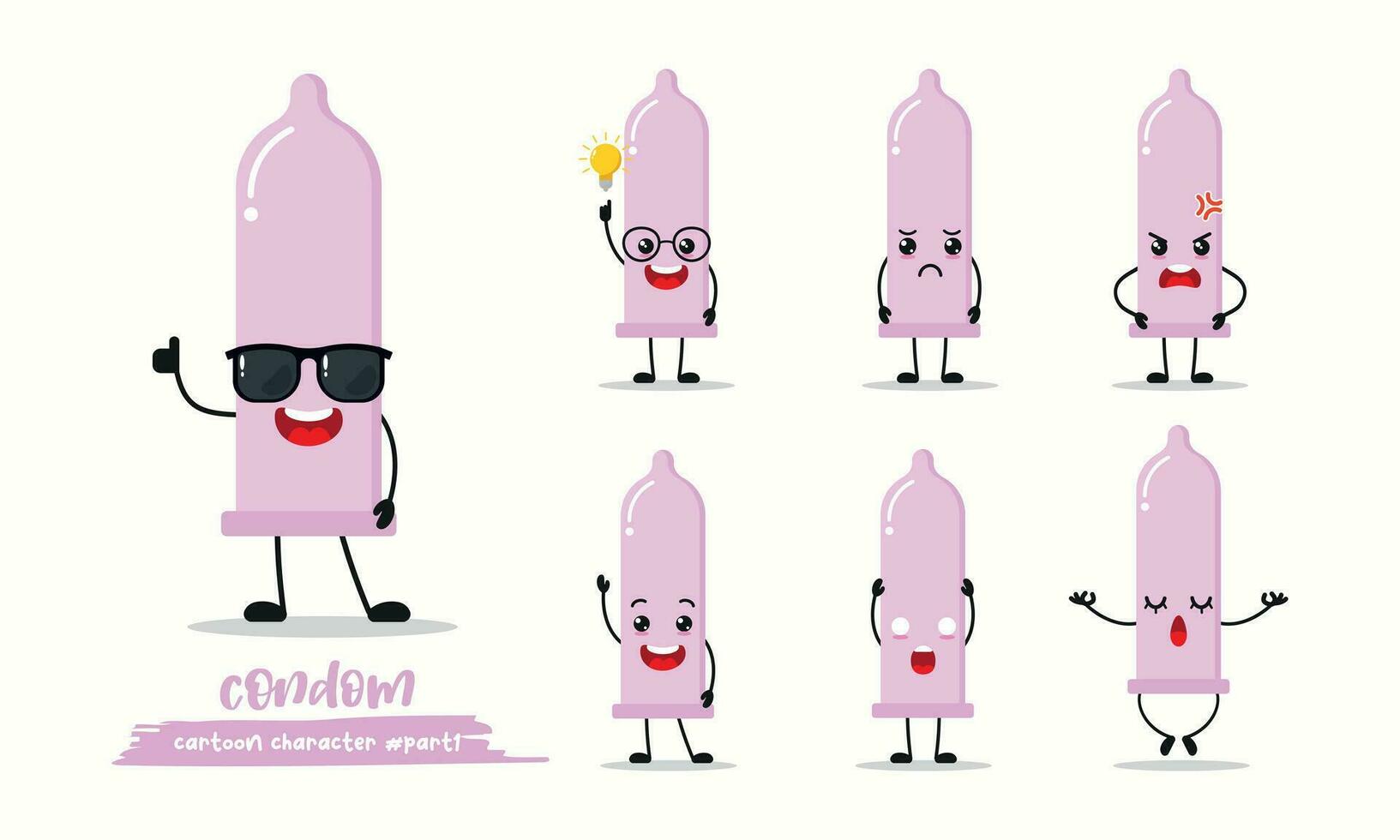 cute condom cartoon with many expressions. contraceptive different activity pose vector illustration flat design set with sunglasses.