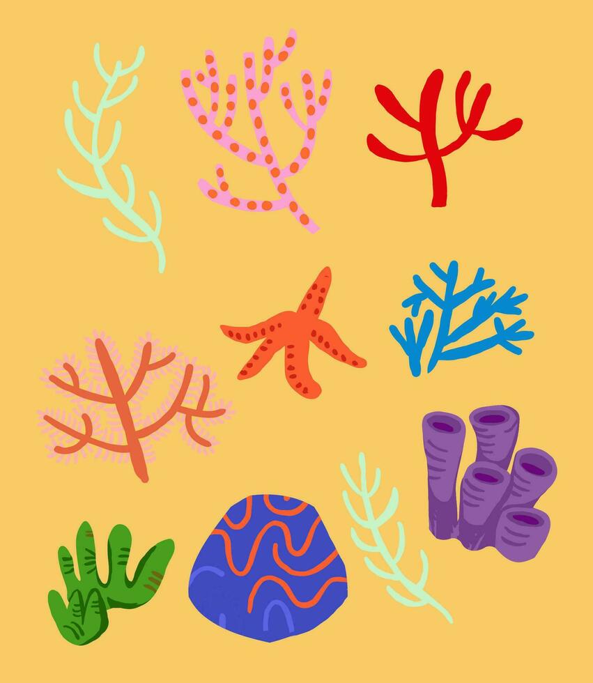 Set of underwater flora, coral reefs, rocks, seaweed, starfish on orange. Underwater Clipart set. vector