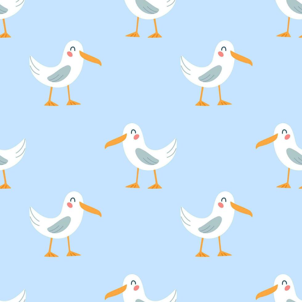 Seamless pattern funny cute cartoon seagulls on a blue background. Sea bird. Design for printing, textiles, fabrics. Vector illustration