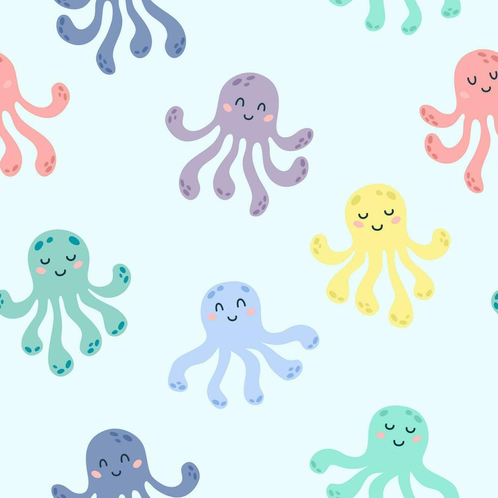 Seamless pattern with cute colored cartoon octopus on a blue background. Kids sea animals design for print, textile. Vector illustration